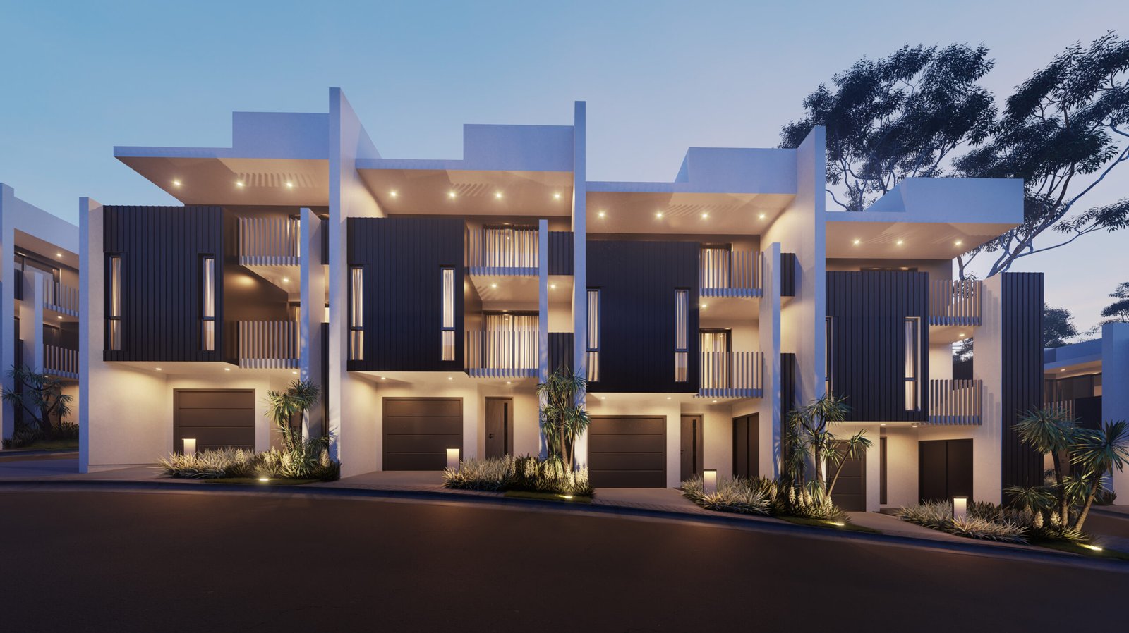 Contemporary Dezire Homes residence at dusk