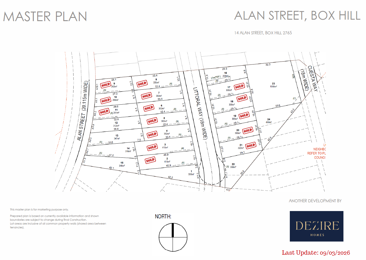 Hillcrest masterplan at 14 Alan Street Box Hill showing 24 homesites